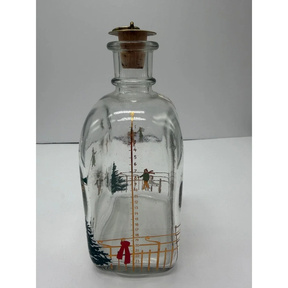 Holmegaard Christmas Decanter 1980s Danish Glass Ice Skating Scene Brass Stopper